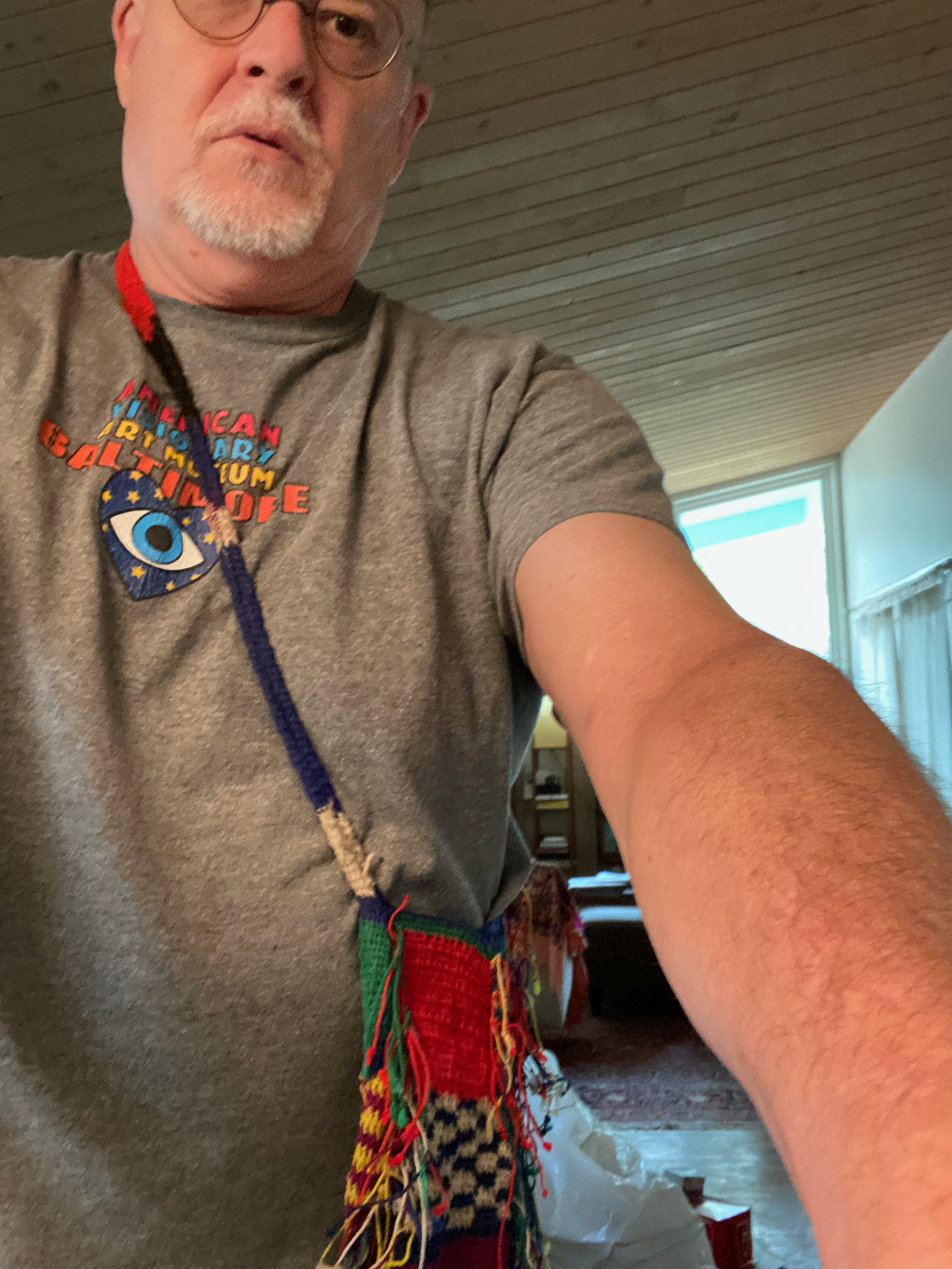 me wearing a 'bilum' from Papua New Guinea