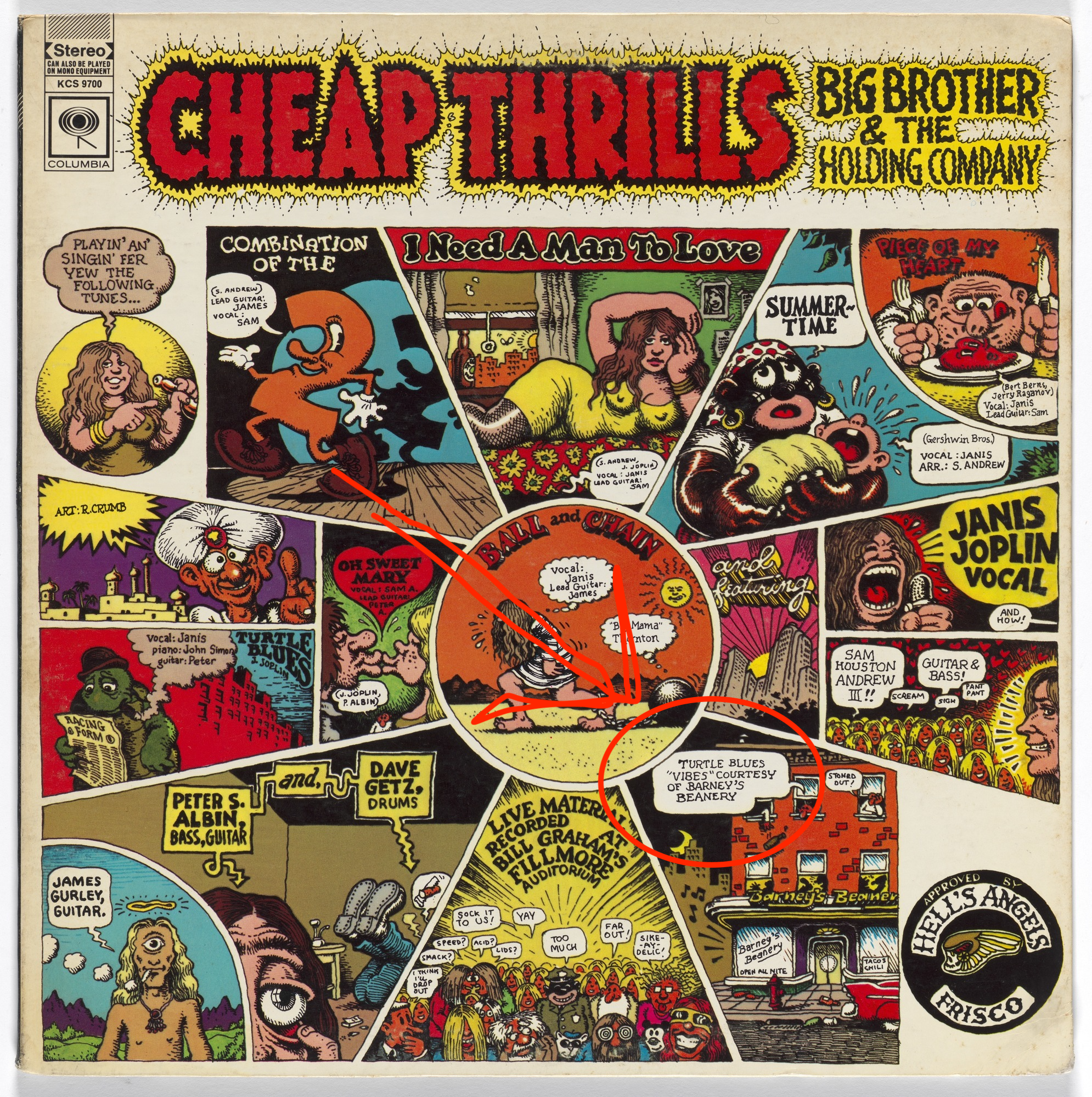 the cover of the album Cheap Thrills with the part saying TURTLE BLUES 'VIBES' COURTESY OF BARNEY'S BEANERY