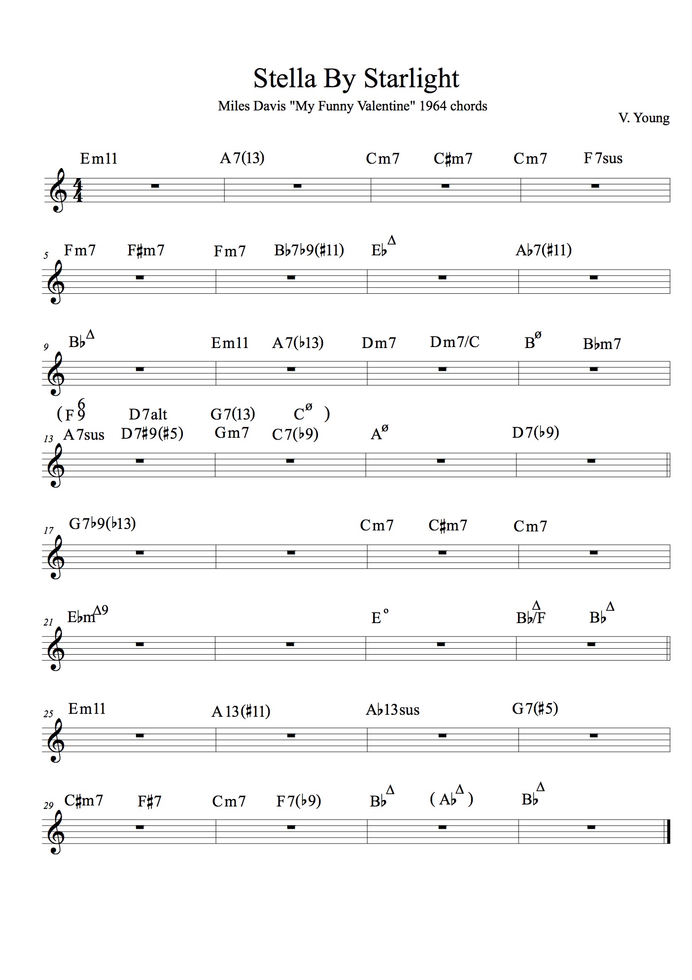 chord chart for Stella by Starlight as performed by Miles Davis live in 1964